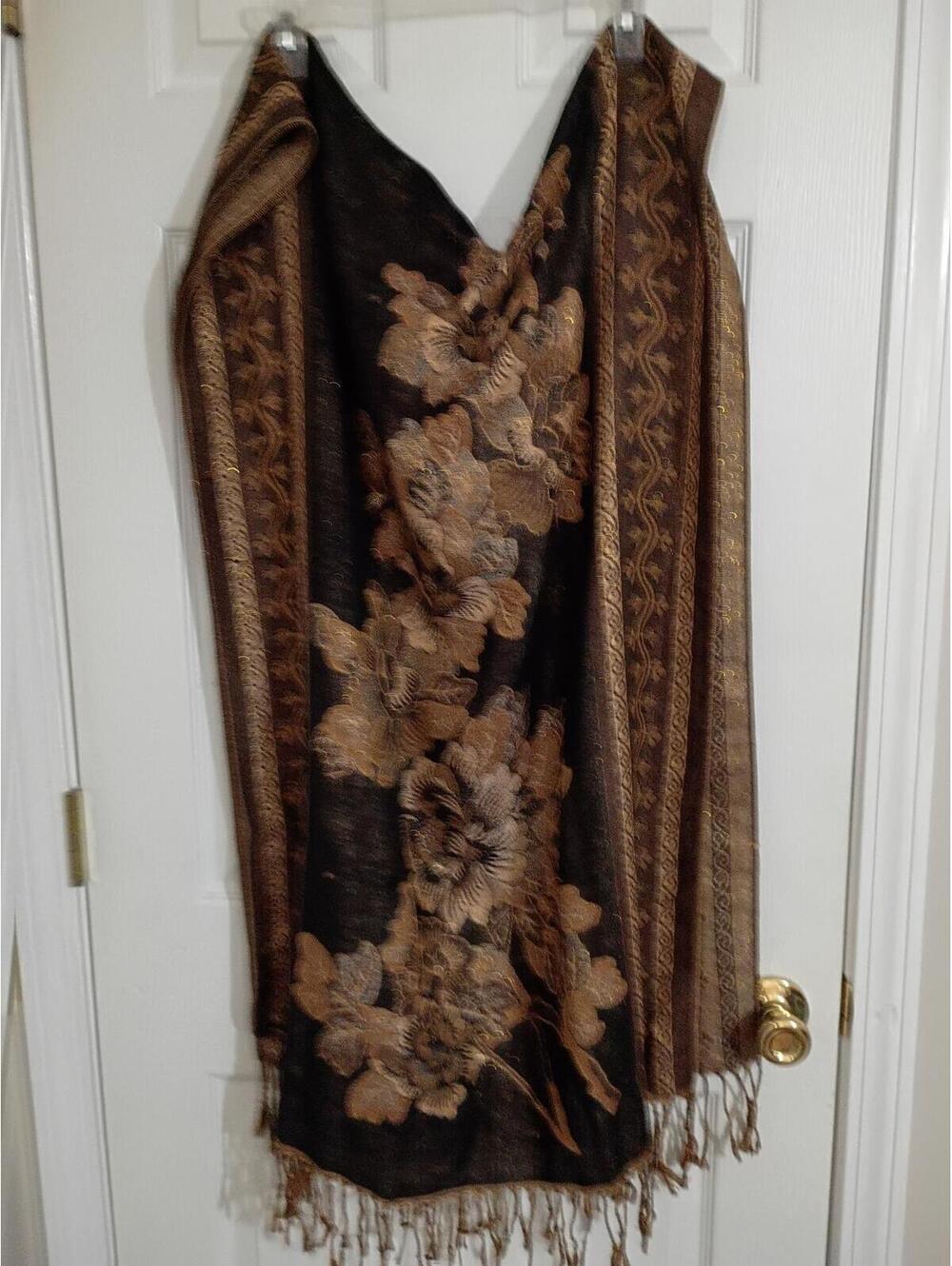 Elegant Black and Brown Floral Shawl with Fringe Detailing